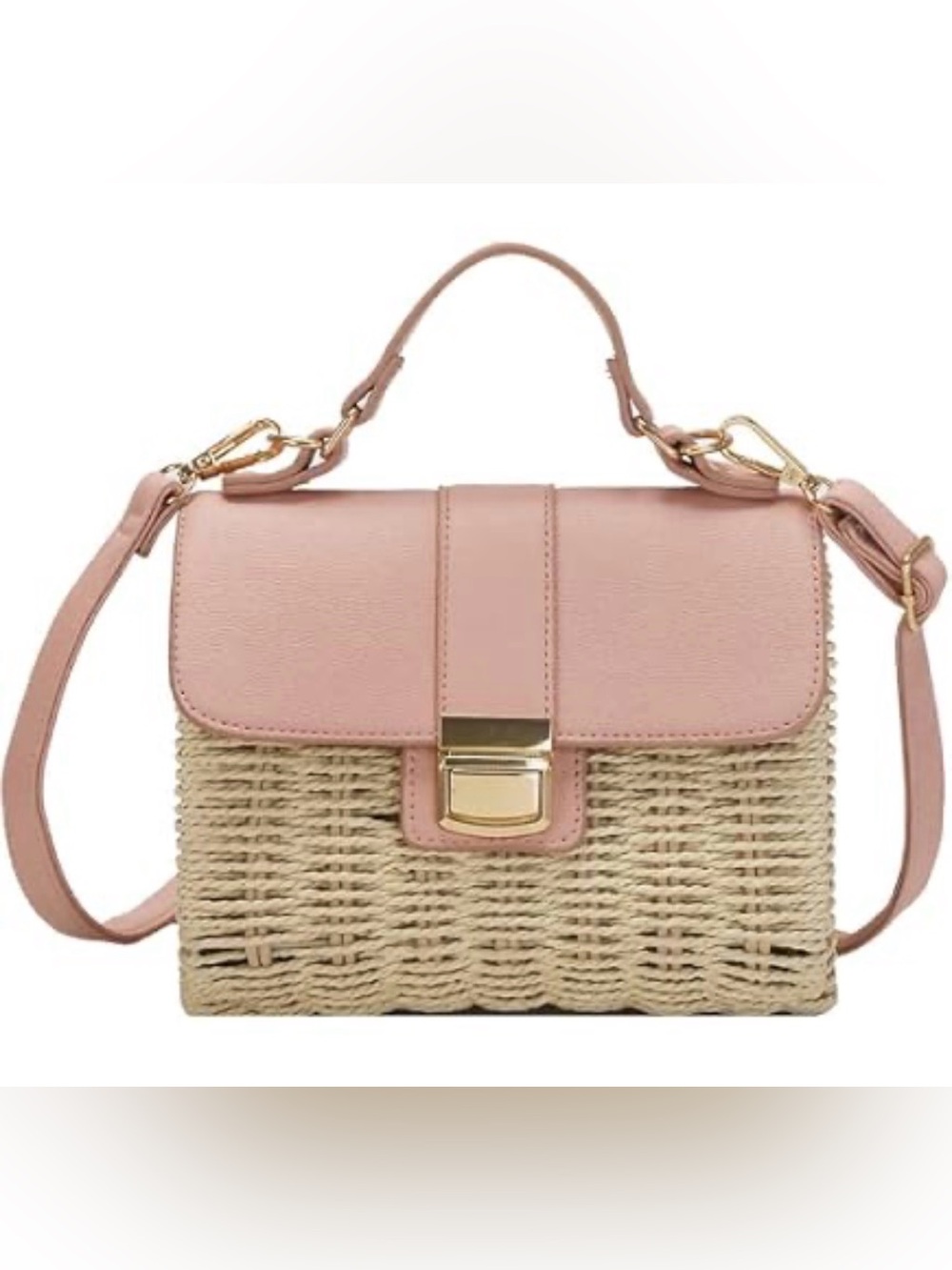 New Pink Woven Top-Handle Crossbody Bag Rattan Purse